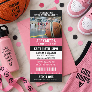 Roze Basketbal Ticket Verjaardagsfeestje Kaart