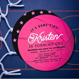 Roze Basketbal Vorm Meisje 1e Verjaardag Cirkel Kaart