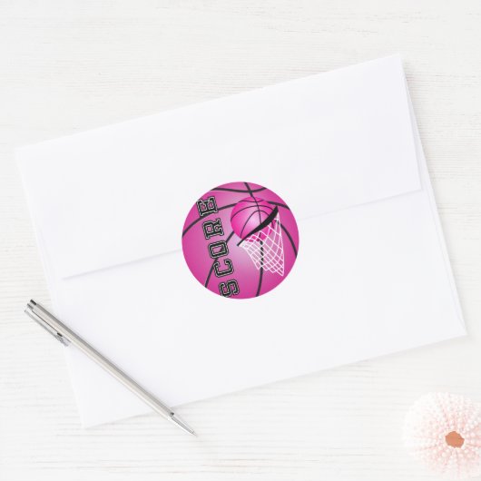 Roze Basketball Ronde Sticker (Envelop)