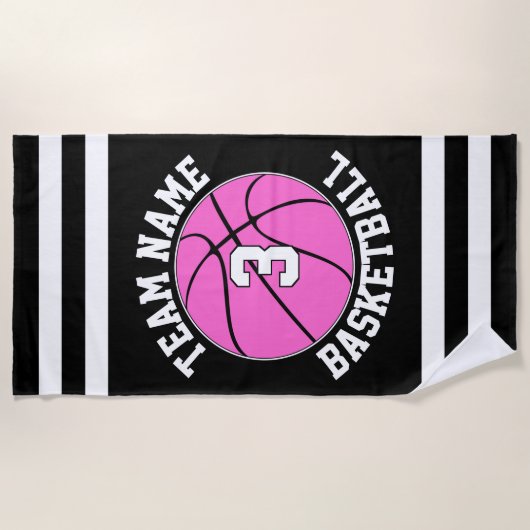 Roze Basketball Team Name & Player Number Custom Strandlaken (Voorkant)