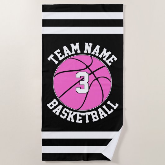 Roze Basketball Team Name & Player Number Custom Strandlaken (Voorkant)