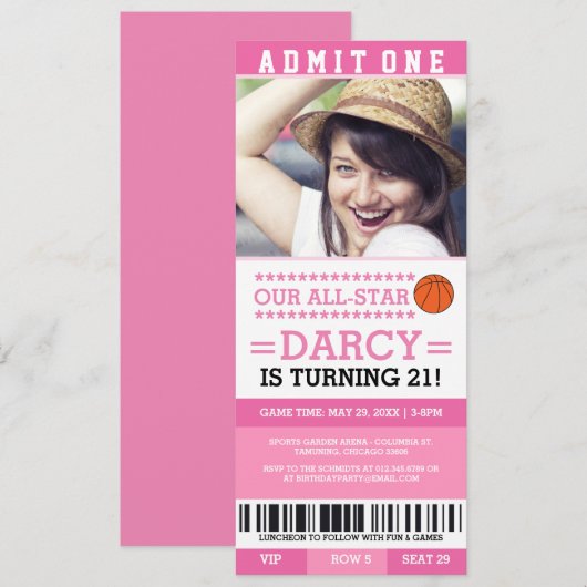 Roze Basketball Ticket Birthday Invita Kaart (Voorkant / Achterkant)