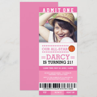 Roze Basketball Ticket Birthday Invita Kaart
