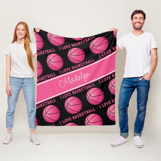 roze basketballen, ik hou van basketbaltekstpatroo fleece deken (In situ)