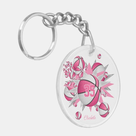 Roze basketballen sterren atleet jersey nummer sleutelhanger (Voorkant Links)