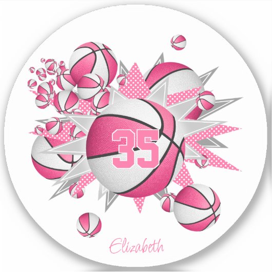 roze basketballen sterren atleet naam sticker (Voorkant)