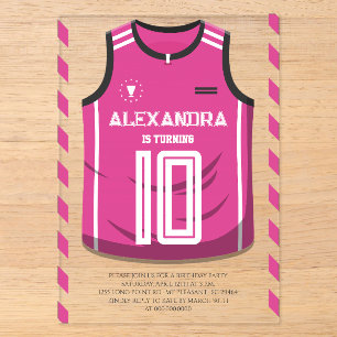 Roze Basketbalshirt Verjaardagsfeestje Acryl Uitnodigingen