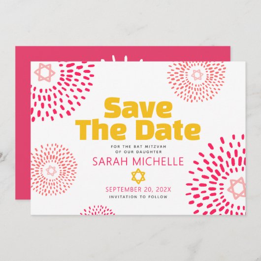 Roze Bat Mitswa Bold Starburst Cool Modern Groovy Save The Date (Voorkant / Achterkant)