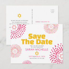 Roze Bat Mitswa Save the Date Modern Starburst Uitnodiging Briefkaart