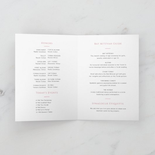 Roze Bat Mitzvah Gevouwen Programmaboekje Programma (Binnen)