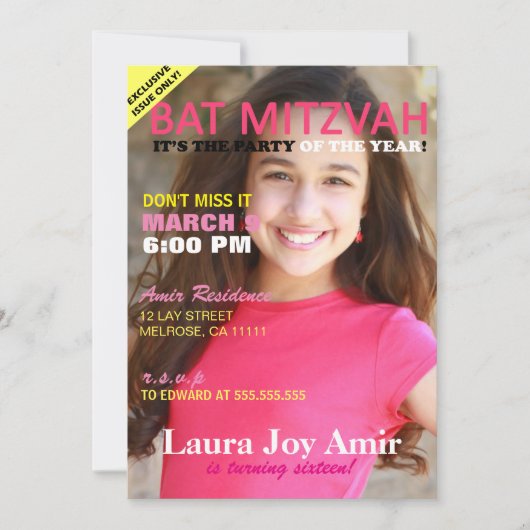 Roze bat Mitzvah Magazine Hoesje Party Invitation Kaart (Voorkant)