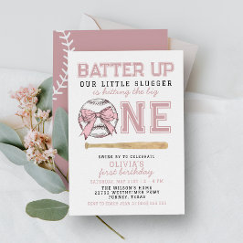 Roze Batter Up Baseball Girl 1e Verjaardag Party Kaart