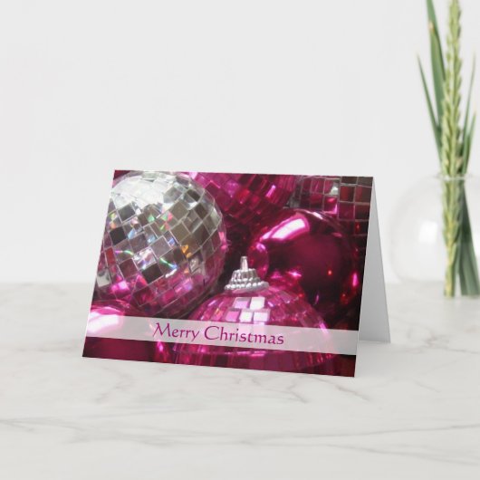Roze Baubles "Merry Kerstmis" stripe-kaart Feestdagen Kaart (Voorkant)