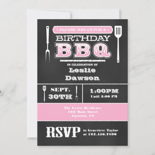 Roze BBQ Birthday Chalkboard Uitnodiging (Voorkant)