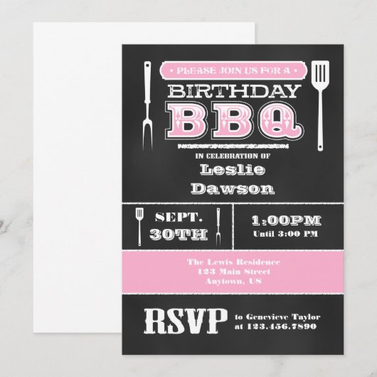 Roze BBQ Birthday Chalkboard Uitnodiging (Voorkant / Achterkant)