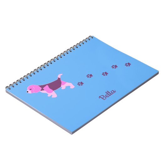 Roze Beagle Dog Art Puppy Pawprint Aangepaste naam Notitieboek (Linkerzijde)