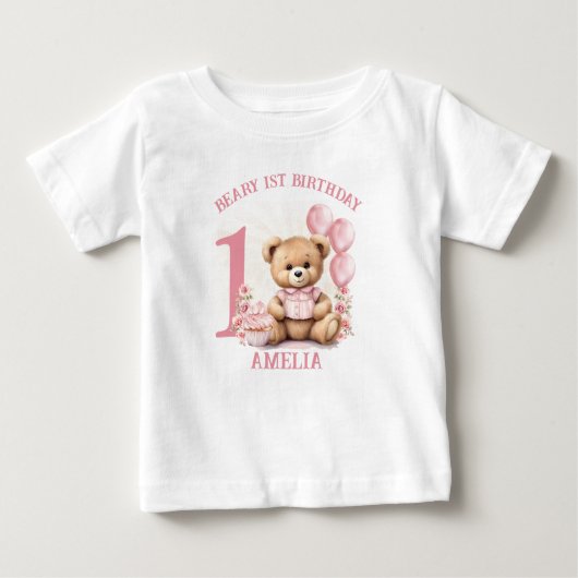Roze Beary 1e Verjaardag Meisje Baby T-shirt (Voorkant)