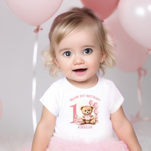 Roze Beary 1e Verjaardag Meisje Baby T-shirt