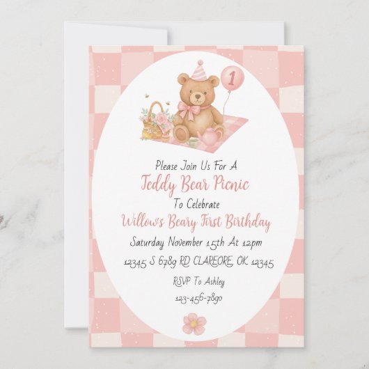 Roze Beary 1e verjaardag uitnodiging (Voorkant)