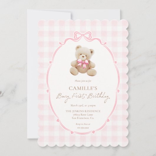 Roze Beary Eerste Verjaardagsuitnodiging Kaart (Voorkant)