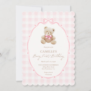 Roze Beary Eerste Verjaardagsuitnodiging Kaart