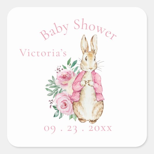 Roze Beatrix Potter Bunny Rabbit Baby shower Vierkante Sticker (Voorkant)