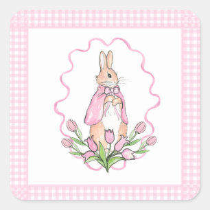 Roze Beatrix Potter Plaid Dierlijk Thema Baby show Vierkante Sticker