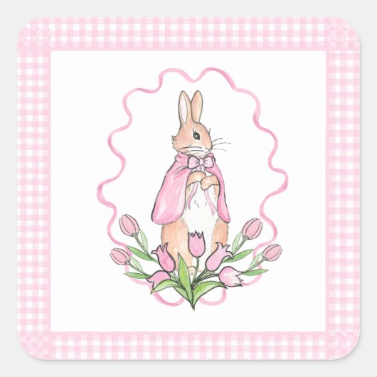 Roze Beatrix Potter Plaid Dierlijk Thema Baby show Vierkante Sticker (Voorkant)