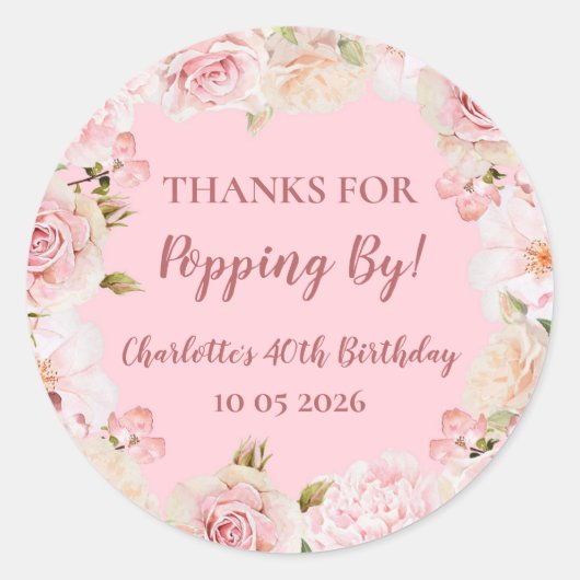Roze bedankingskaart voor verjaardagsfeestje ronde sticker (Voorkant)