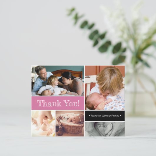 Roze bedankt dat je de tweede foto's van baby intr aankondigingskaart (Staand voorkant)