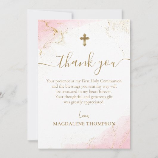Roze Bedankt Gold Cross Girl Eerste Communie (Voorkant)
