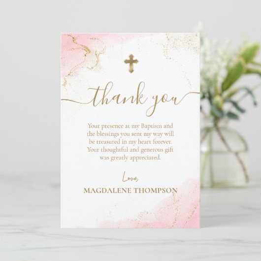 Roze Bedankt Gouden Kruis Meisje Doop (Staand voorkant)