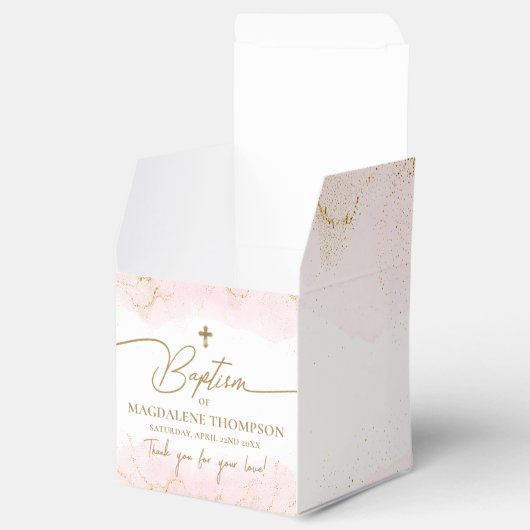 Roze Bedankt Meisje Gouden Kruis Doop Bedankdoosjes (Geopend)