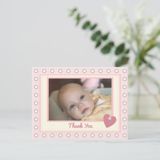 Roze bedankt voor baby cadeau met foto briefkaart (Staand voorkant)