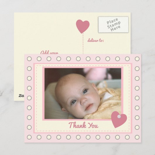 Roze bedankt voor baby cadeau met foto briefkaart (Voorkant / Achterkant)