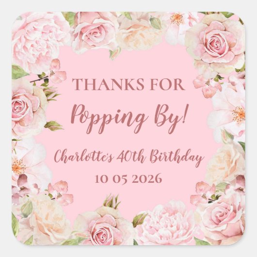 Roze Bedankt voor Popping By Birthday Label (Voorkant)