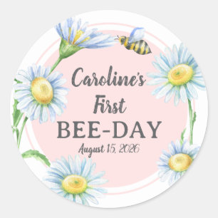 Roze Bee-Day verjaardagsstickers met madeliefjes Ronde Sticker