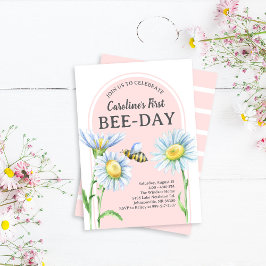 Roze Bee-Day verjaardagsuitnodiging met madeliefje Kaart