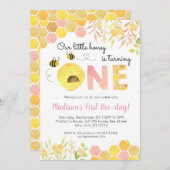 Roze Bee Eerste 1e verjaardag Uitnodiging Meisje (Voorkant / Achterkant)
