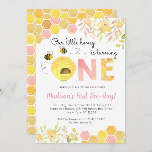 Roze Bee Eerste 1e verjaardag Uitnodiging Meisje (Voorkant / Achterkant)