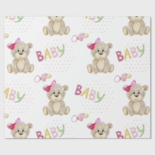 Roze Beer Baby Girl Roze Waterverf Baby shower Cadeaupapier (Vlak)