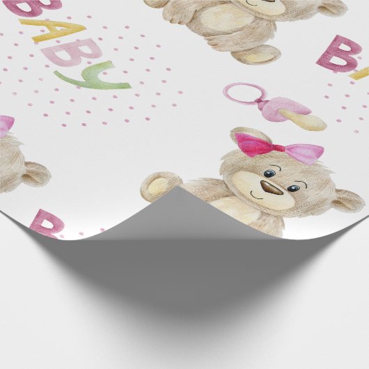 Roze Beer Baby Girl Roze Waterverf Baby shower Cadeaupapier (Hoek)