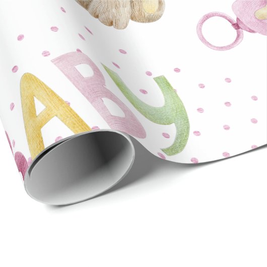 Roze Beer Baby Girl Roze Waterverf Baby shower Cadeaupapier (Rol Hoek)