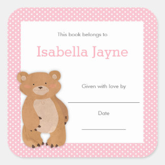 Roze Beer Baby shower Boekplaat, meisje boek bord Vierkante Sticker