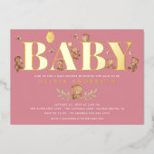 Roze Beer Baby shower Folie Uitnodiging (Voorkant)