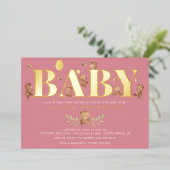 Roze Beer Baby shower Folie Uitnodiging (Staand Voorkant)