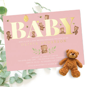 Roze Beer Baby shower Folie Uitnodiging