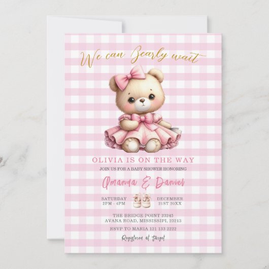 Roze Beer Baby shower Gingham kan nauwelijks wacht Kaart (Voorkant)