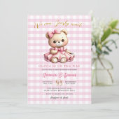 Roze Beer Baby shower Gingham kan nauwelijks wacht Kaart (Staand voorkant)