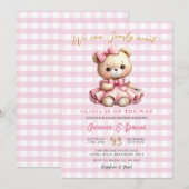 Roze Beer Baby shower Gingham kan nauwelijks wacht Kaart (Voorkant / Achterkant)